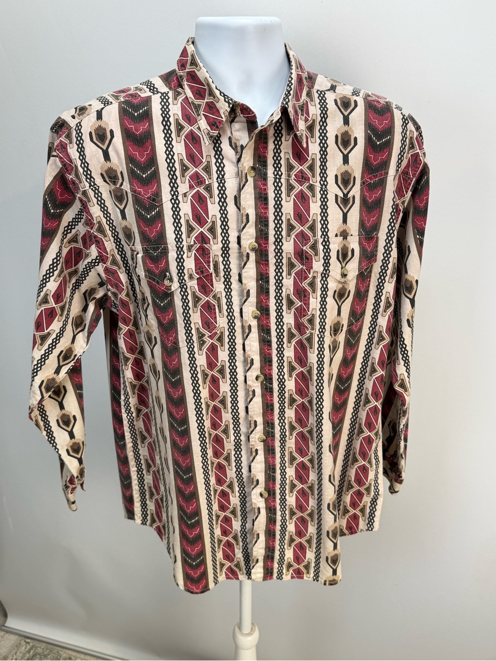 LEGACY Men's Cream, burgundy black Western Stripe Button-Down Shirt size M - Picture 8 of 12